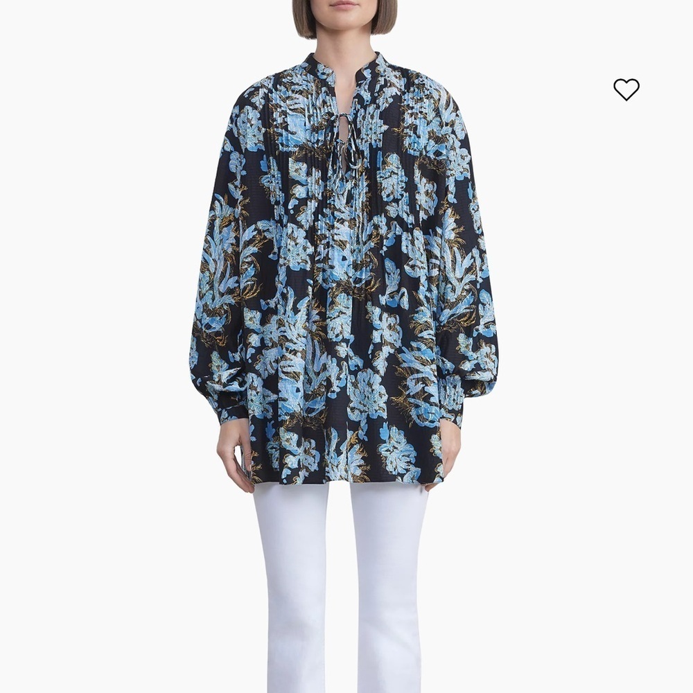Lafayette 148 New York Blue Floral Pintuck 100% Silk Top XL